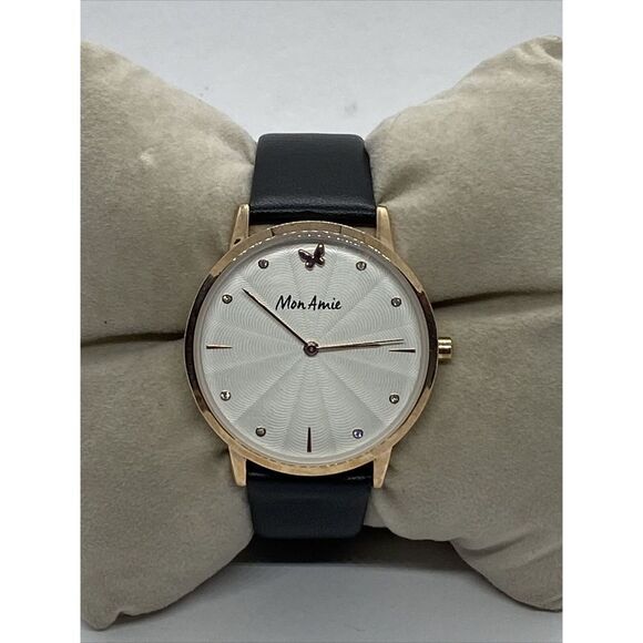 Mon Amie CBMA1004 Women's Black Leather Analog Dial Quartz Genuine Watch EY201 - Picture 1 of 12
